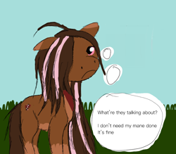 Size: 2184x1909 | Tagged: safe, artist:lil rocky road, derpibooru exclusive, derpibooru import, pegasus, pony, series:rocky road, bandana, concept, frown, grass, idea, messy mane, sky, solo, sunglasses, text, thought bubble, wingless