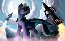 Size: 1920x1222 | Tagged: safe, artist:tsitra360, derpibooru import, oc, oc only, oc:silva hound, pegasus, cape, clothes, cloud, head turn, low angle, male, rocket, shutter shades, smoke, solo, stallion, sunglasses