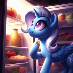 Size: 1024x1024 | Tagged: safe, ai content, derpibooru import, machine learning generated, trixie, alicorn, pony, alicornified, apple, food, race swap, refrigerator, smiling, solo, trixiecorn