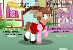 Size: 4500x3095 | Tagged: safe, artist:peternators, derpibooru import, oc, oc only, oc:heroic armour, pony, unicorn, clothes, colt, crossdressing, dress, ears back, foal, fountain, inner thoughts, male, mary janes, nervous, ponyville, raised leg, shoes, shy, socks, solo, statue, sweat, sweatdrop, sweater, teenager, text, thigh highs, walking