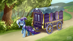 Size: 2560x1440 | Tagged: safe, artist:lazybread, derpibooru import, trixie, pony, unicorn, g4, brooch, cape, clothes, eyebrows, female, grass, hat, horn, jewelry, mare, outdoors, pulling, raised hoof, raised leg, signature, solo, tree, trixie's brooch, trixie's cape, trixie's hat, trixie's wagon, wagon, wizard hat