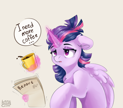 Size: 4000x3500 | Tagged: safe, artist:lazybread, derpibooru import, twilight sparkle, twilight sparkle (alicorn), alicorn, pony, g4, ..., alternate hairstyle, coffee, coffee mug, ears, eyebrows, female, floppy ears, glowing, glowing horn, high res, horn, levitation, magic, magic aura, mare, morning ponies, mug, open mouth, paper, signature, solo, sparkles, speech bubble, squatpony, telekinesis, twiggie, wings