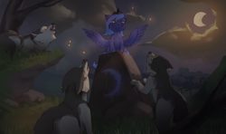 Size: 1796x1064 | Tagged: safe, artist:haku nichiya, derpibooru import, princess luna, alicorn, pony, wolf, commission, moon, night