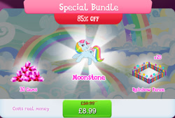 Size: 1266x857 | Tagged: safe, derpibooru import, idw, moonstone, pony, unicorn, g1, g4, bow, bundle, costs real money, english, female, fence, gameloft, gem, horn, idw showified, mare, mobile game, my little pony: magic princess, numbers, official, sale, solo, solo focus, tail, tail bow, text