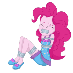 Size: 2000x2000 | Tagged: safe, artist:nie-martw-sie-o-mnie, derpibooru import, pinkie pie, equestria girls, bondage, bound and gagged, clothes, damsel in distress, female, gag, kidnapped, nightgown, shorts, simple background, slippers, solo, tape, tape gag, tied up, transparent background