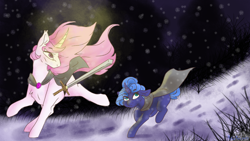 Size: 1920x1080 | Tagged: safe, artist:mellow-mare, derpibooru import, princess celestia, princess luna, pony, female, filly, foal, magic, pink-mane celestia, running, sword, weapon, woona, younger