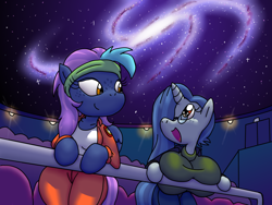 Size: 1600x1200 | Tagged: safe, artist:flash equestria photography, derpibooru import, oc, oc:freefall, oc:moonstone shine, anthro, semi-anthro, arm hooves, female, galaxy, planetarium