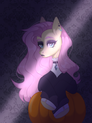 Size: 960x1280 | Tagged: safe, artist:cursed soul, derpibooru import, fluttershy, pegasus, pony, female, goth, halloween, holiday, mare, simple background, solo