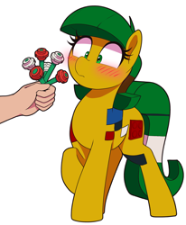 Size: 1120x1360 | Tagged: safe, artist:thebatfang, derpibooru import, oc, oc:blocky bits, earth pony, human, blushing, female, flower, lego, mare, offering, offscreen character, offscreen human, raised hoof, raised leg, simple background, solo focus, white background