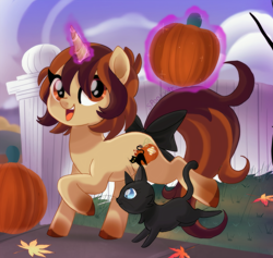 Size: 2493x2368 | Tagged: safe, artist:spookyle, derpibooru import, oc, oc only, oc:pumpkin patch, cat, pony, unicorn, female, leaves, mare, pumpkin, solo
