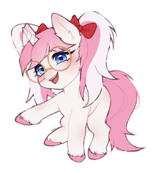 Size: 1704x1806 | Tagged: safe, artist:ruru_01, derpibooru import, oc, oc only, pony, unicorn, bow, female, filly, foal, glasses, hair bow, hoof fluff, looking at you, ponytails, raised hoof, raised leg, simple background, smiling, smiling at you, solo, white background