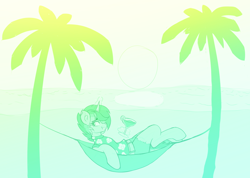 Size: 4290x3052 | Tagged: safe, artist:czu, derpibooru import, oc, oc only, oc:moonshine, unicorn, alcohol, belt, clothes, female, hammock, hawaiian shirt, jimmy buffett, levitation, magic, margarita, ocean, palm tree, piercing, shirt, shorts, sketch, smiling, solo, sunset, telekinesis, tree, water