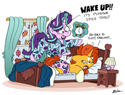 Size: 3012x2284 | Tagged: safe, artist:bobthedalek, derpibooru import, starlight glimmer, sunburst, pony, unicorn, autumn, bed, clothes, cutie mark on clothes, cutie mark underwear, female, glim glam's jim jams, leaves, male, morning ponies, pajamas, pumpkin spice, shipping, starburst, straight, tired, unamused, underwear