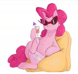 Size: 1654x1560 | Tagged: safe, artist:wintersleptart, derpibooru import, pinkie pie, earth pony, pony, alcohol, beanbag chair, cocktail, drink, female, hoof hold, looking at you, lying down, mare, on side, simple background, sitting, smiling, solo, sunglasses, white background