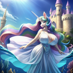 Size: 512x512 | Tagged: safe, ai content, derpibooru import, machine learning generated, princess celestia, alicorn, anthro, fish, g4, big breasts, breasts, bubble, canterlot, castle, clothes, coral, crepuscular rays, crown, dress, eyeshadow, female, flower, flowing hair, flowing mane, flowing tail, gem, horn, huge breasts, jewelry, lidded eyes, looking at you, makeup, necklace, ocean, outdoors, princess breastia, prompter:fragglezed, regalia, scenery, seaweed, signature, sky, smiling, smiling at you, solo, sun, sunlight, swimming, tail, underwater, water, white dress