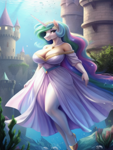 Size: 768x1024 | Tagged: safe, derpibooru import, machine learning generated, princess celestia, alicorn, anthro, fish, g4, ai content, big breasts, breasts, bubble, canterlot, castle, clothes, coral, crepuscular rays, crown, dress, eyeshadow, female, flower, flowing hair, flowing mane, flowing tail, gem, horn, huge breasts, jewelry, lidded eyes, looking at you, makeup, necklace, ocean, outdoors, princess breastia, prompter:fragglezed, regalia, scenery, seaweed, signature, smiling, smiling at you, solo, sparkles, stars, sun, sunlight, swimming, tail, underwater, water