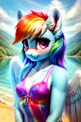 Size: 768x1152 | Tagged: safe, ai content, derpibooru import, generator:stable diffusion, machine learning generated, rainbow dash, anthro, pegasus, beach, blushing, breasts, bust, chest fluff, cleavage, clothes, cloud, cute, ear fluff, ears, female, forest, forest background, lake, looking at you, mare, prompter:endless--, sand, shirt, sky, small breasts, smiling, smiling at you, solo, spread wings, swimsuit, tree, water, wings