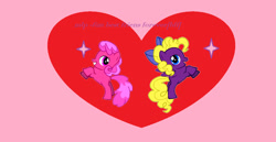 Size: 900x464 | Tagged: safe, artist:arts48, derpibooru import, earth pony, pegasus, pony, pony creator, g4, best friends, best friends forever, bow, crossover, duo, female, filly, foal, freckles, grin, hair bow, heart, jammbonian, jammbonian pony, jelly jamm, open mouth, open smile, phineas and ferb, pink background, ponified, purple text, rearing, rita (jelly jamm), rule 85, simple background, smiling, sparkles, species swap, suzy johnson, text