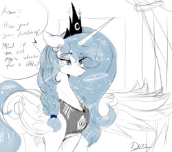 Size: 1200x1062 | Tagged: safe, artist:thelunarmoon, derpibooru import, princess luna, alicorn, pony, dialogue, ears, eyebrows, eyebrows visible through hair, female, floppy ears, grayscale, implied anon, lidded eyes, mare, monochrome, older, older princess luna, one wing out, partial color, solo, speech bubble, wings