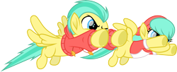 Size: 8290x3380 | Tagged: safe, artist:starryshineviolet, derpibooru import, barley barrel, pickle barrel, pegasus, pony, rainbow roadtrip, absurd resolution, barrel twins, beanie, brother and sister, clothes, colt, duo, female, filly, flying, foal, fraternal twins, hat, hoodie, male, male and female, shirt, siblings, simple background, t-shirt, transparent background, twins, vector
