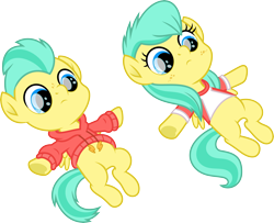 Size: 7283x5928 | Tagged: safe, artist:starryshineviolet, derpibooru import, barley barrel, pickle barrel, pegasus, pony, rainbow roadtrip, absurd resolution, barrel twins, brother and sister, clothes, colt, cute, duo, female, filly, foal, fraternal twins, hoodie, looking at someone, looking up, lying down, male, male and female, shirt, siblings, simple background, t-shirt, transparent background, twins, vector