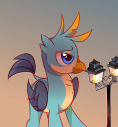 Size: 2076x2240 | Tagged: artist needed, source needed, safe, derpibooru import, gallus, griffon, dusk, gloaming, gradient background, male, nightfall, solo, street lamp