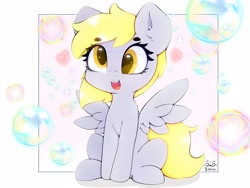 Size: 4000x3000 | Tagged: safe, artist:zokkili, derpibooru import, derpy hooves, pegasus, pony, g4, beanbrows, bubble, cute, derp, derpabetes, ear fluff, ears, eyebrows, eyebrows visible through hair, female, happy, heart, high res, mare, open mouth, open smile, signature, sitting, smiling, solo, sparkles, spread wings, starry eyes, wingding eyes, wings