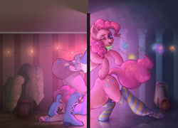 Size: 1966x1412 | Tagged: safe, artist:haku nichiya, artist:polnocnykot, derpibooru import, pinkie pie, earth pony, human, pony, collaboration, equestria girls, balloon, blue eyes, boots, bow, bracelet, clothes, column, confetti, costume, cute, cutie mark on clothes, decoration, detailed background, duality, duo, duo female, face down ass up, female, garland, glowing, happy, human ponidox, human to pony, jewelry, leapfrog, looking at each other, looking at someone, magic, mirror, now you're thinking with portals, one eye closed, open mouth, open smile, party, party cannon, plant, pony to human, portal, reflection, reverse satyr, self paradox, self ponidox, shirt, shoes, skirt, smiling, smirk, socks, species swap, stockings, striped socks, t-shirt, tail, teeth, thigh highs, transformation