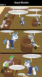 Size: 1920x3516 | Tagged: safe, artist:platinumdrop, derpibooru import, derpy hooves, fancypants, fleur-de-lis, spike, oc, oc:anon filly, dragon, pegasus, pony, unicorn, comic:royal blunder, 3 panel comic, alternate universe, ankle cuffs, avoiding eye contact, ball and chain, bound wings, chained, chains, clerk, clothes, comic, commission, courtroom, crying, cuffed, cuffs, desk, dialogue, drink, drinking, duo, ears, ears back, female, filly, floppy ears, foal, folded wings, gavel, glowing, glowing horn, hat, horn, indoors, judge, justice, law, magic, makeup, male, mare, monocle, offscreen character, open mouth, parchment, pleading, prison outfit, prison stripes, prisoner, prosecutor, quill pen, restraints, royal, ruff (clothing), sad, shackles, sitting, speech bubble, suit, talking, tea, telekinesis, testimony, trial, trio, walking, wall of tags, wig, wings, witness, witness stand