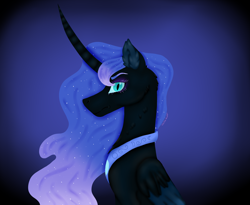 Size: 4344x3560 | Tagged: safe, artist:ceciliemuzen, derpibooru import, nightmare moon, alicorn, pony, g4, blue background, blue eyes, blue mane, curved horn, digital art, ethereal mane, eyelashes, feather, female, flowing mane, folded wings, gem, high res, horn, looking at you, mare, night, peytral, signature, simple background, solo, sparkles, starry mane, stars, wings