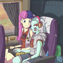 Size: 1500x1500 | Tagged: safe, artist:lef-fa, derpibooru import, bon bon, lyra heartstrings, sweetie drops, equestria girls, alternate hairstyle, bus, clothes, duo, face paint, female, headphones, hoodie, lesbian, lyrabon, shipping, vest
