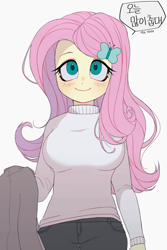 Size: 850x1275 | Tagged: artist needed, source needed, safe, derpibooru import, fluttershy, human, equestria girls, blushing, butterfly hairpin, clothes, eyebrows, female, hairpin, korean, signature, simple background, smiling, solo, sweater, translated in the comments, white background