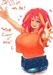 Size: 1400x2000 | Tagged: safe, artist:sozglitch, derpibooru import, sunset shimmer, human, big breasts, breasts, clothes, daisy dukes, dialogue, female, huge breasts, humanized, incoming hug, open arms, open mouth, open smile, shorts, simple background, smiling, solo, sunset jiggler, talking to viewer, white background