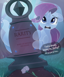 Size: 2958x3567 | Tagged: safe, artist:nookprint, derpibooru import, rarity, ghost, ghost pony, pony, undead, unicorn, attention horse, dialogue, female, flower, grass, grave, gravestone, looking at you, looking up, mare, night, open mouth, solo, speech bubble, talking, teary eyes, tree