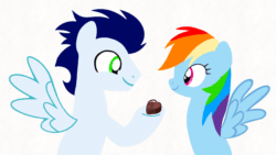 Size: 1920x1080 | Tagged: safe, artist:mlplary6, derpibooru import, rainbow dash, soarin', pegasus, pony, animated, boyfriend and girlfriend, chocolate, eating, feeding, female, food, gif, heart, looking at each other, looking at someone, love, male, mare, shipping, simple background, smiling, smiling at each other, soarindash, stallion, straight
