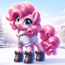 Size: 1024x1024 | Tagged: safe, ai content, machine learning generated, pinkie pie, earth pony, pony, bing, female, hoof boots, looking at you, mare, smiling, smiling at you, snow, solo, winter, winter outfit