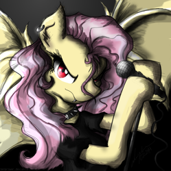 Size: 950x954 | Tagged: safe, artist:flutterthrash, derpibooru import, fluttershy, bat pony, pony, g4, 2014, alternate hairstyle, badass, bat ponified, choker, clothes, ear piercing, earring, female, flutterbadass, flutterbat, jewelry, looking at you, mare, metal, microphone, piercing, race swap, red eyes, shirt, solo, spiked choker