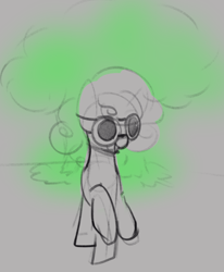 Size: 496x601 | Tagged: safe, artist:cornelia_nelson, derpibooru import, oc, oc:quickdraw, colored sketch, curly hair, explosion, goggles, mushroom cloud, simple background, sketch, smiling, solo, walking