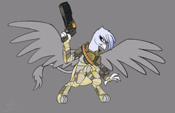 Size: 3133x2035 | Tagged: safe, alternate version, artist:somber, derpibooru import, oc, oc only, griffon, fallout equestria, female, gray background, raider, simple background, solo