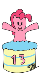 Size: 727x1372 | Tagged: safe, artist:sdtwilan9x, derpibooru import, pinkie pie, earth pony, pony, beady eyes, cake, female, food, mare, mlp fim's thirteenth anniversary, signature, simple background, solo, transparent background