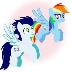Size: 1400x1400 | Tagged: safe, artist:mlplary6, derpibooru import, rainbow dash, soarin', pegasus, pony, boyfriend and girlfriend, female, flying, looking at each other, looking at someone, male, mare, shipping, smiling, smiling at each other, soarindash, stallion, straight