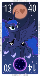 Size: 4000x7500 | Tagged: safe, artist:parclytaxel, derpibooru import, princess luna, tantabus, alicorn, pony, series:parcly's pony pattern playing cards, .svg available, absurd resolution, blood moon, contract bridge, female, flying, full moon, halloween, holiday, looking up, mare, mlp fim's thirteenth anniversary, moon, night, passepartout, playing card, pun, smiling, stars, tarot card, tinyface, vector