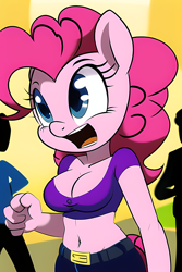 Size: 2048x3072 | Tagged: safe, ai content, derpibooru import, generator:novelai, generator:stable diffusion, machine learning assisted, machine learning generated, pinkie pie, anthro, belly button, breasts, cleavage, clothes, cute, denim, female, jeans, midriff, pants, solo