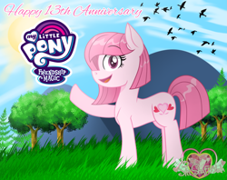 Size: 2743x2177 | Tagged: safe, artist:guruyunus17, derpibooru import, oc, oc only, oc:annisa trihapsari, bird, earth pony, pony, anniversary, earth pony oc, female, happy, ibispaint x, logo, looking at you, mare, open mouth, smiling, smiling at you, solo, spring, tree, watermark