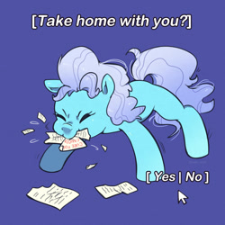 Size: 1275x1275 | Tagged: safe, artist:talim_stuff, derpibooru import, screw loose, earth pony, pony, behaving like a dog, blue background, chewing, eating, eyes closed, female, mare, missing cutie mark, paper, simple background, solo, text