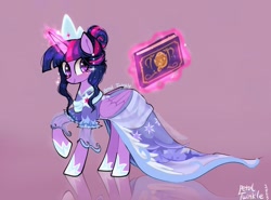 Size: 1521x1124 | Tagged: safe, artist:petaltwinkle, derpibooru import, twilight sparkle, twilight sparkle (alicorn), alicorn, pony, 2023, alternate hairstyle, blushing, book, clothes, coronation dress, crown, cute, dress, female, hair bun, heart, heart eyes, jewelry, levitation, magic, mare, purple background, reflection, regalia, second coronation dress, signature, simple background, smiling, solo, telekinesis, twiabetes, wingding eyes