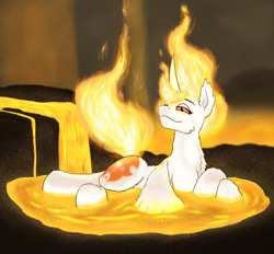 Size: 1812x1685 | Tagged: safe, artist:gosha305, derpibooru import, daybreaker, alicorn, pony, antagonist, bathing, cheek fluff, curved horn, ear fluff, ears, fangs, female, fire, full body, horn, hot tub, lava, lava bathing, lidded eyes, looking at you, lying down, mane of fire, mare, smiling, smiling at you, smirk, solo, spread wings, wings, wings down