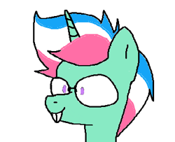 Size: 360x292 | Tagged: safe, derpibooru import, oc, oc only, oc:endorsed, pony, unicorn, blue hair, bust, glasses, horn, low effort, nerd, pink hair, portrait, purple eyes, simple background, solo, striped hair, teeth, white background, white hair