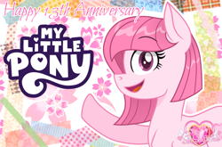 Size: 1446x952 | Tagged: safe, artist:guruyunus17, derpibooru import, oc, oc only, oc:annisa trihapsari, earth pony, pony, earth pony oc, female, happy, happy birthday mlp:fim, ibispaint x, logo, looking at you, mare, open mouth, open smile, smiling, smiling at you, solo, text, watermark