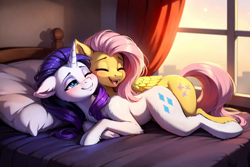 Size: 1536x1024 | Tagged: safe, ai content, derpibooru import, generator:easyfluff v11.2, generator:stable diffusion, machine learning generated, fluttershy, rarity, pegasus, pony, unicorn, bed, blushing, cheek rub, chest fluff, cuddling, duo, duo female, ear fluff, ears, eyes closed, female, flarity, fluffy, hotel room, lesbian, lying down, lying on bed, manehattan, mare, on bed, one eye closed, open mouth, open smile, pillow, prompter:tyto4tme4l, shipping, smiling, window